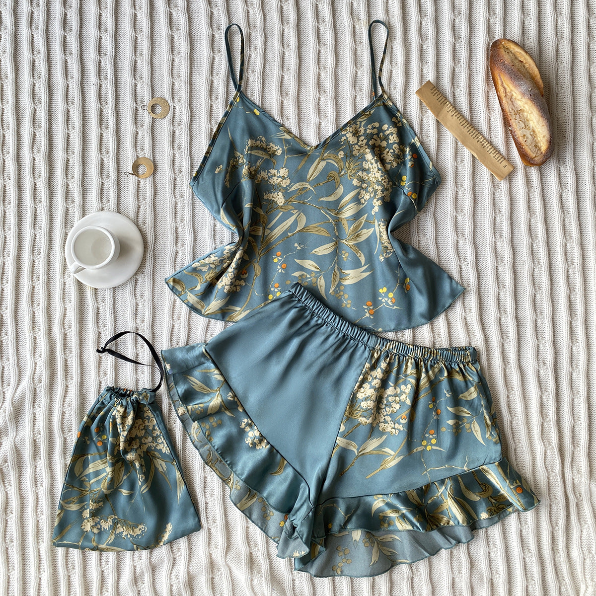 Faux Silk Pajamas Two-Piece Set Fashion Printing