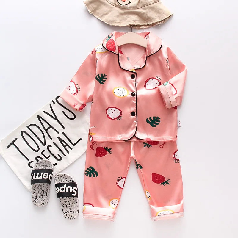 Children Pajamas Set Baby Suit Kids Clothes Toddler Boys Girls Clothing Ice Silk Satin Tops Shirts Pants Home Kids PAJAMA