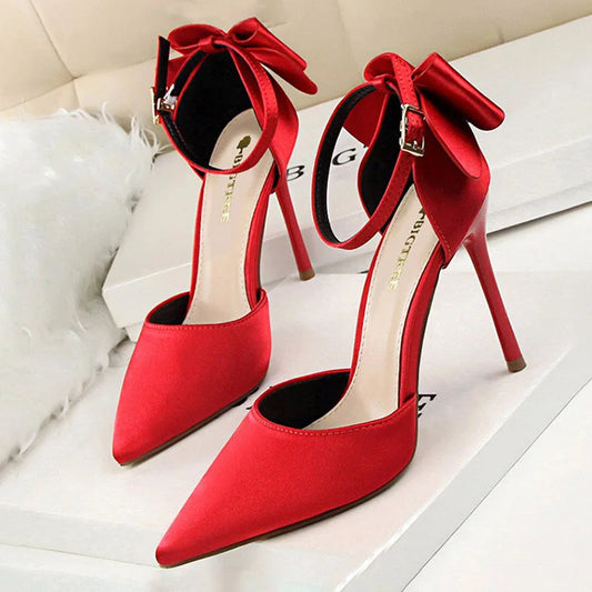 BIGTREE Shoes Bow Woman Pumps Silk High Heels Women Shoes Stiletto Red Wedding Shoes Women Heels Women Sandals Free Shipping