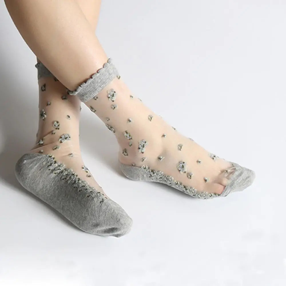 1Pair Elastic Socks Crystal Glass Silk Ultrathin Lace Literary Sale 1 Pair Summer Transparent Jacquard Short Socks