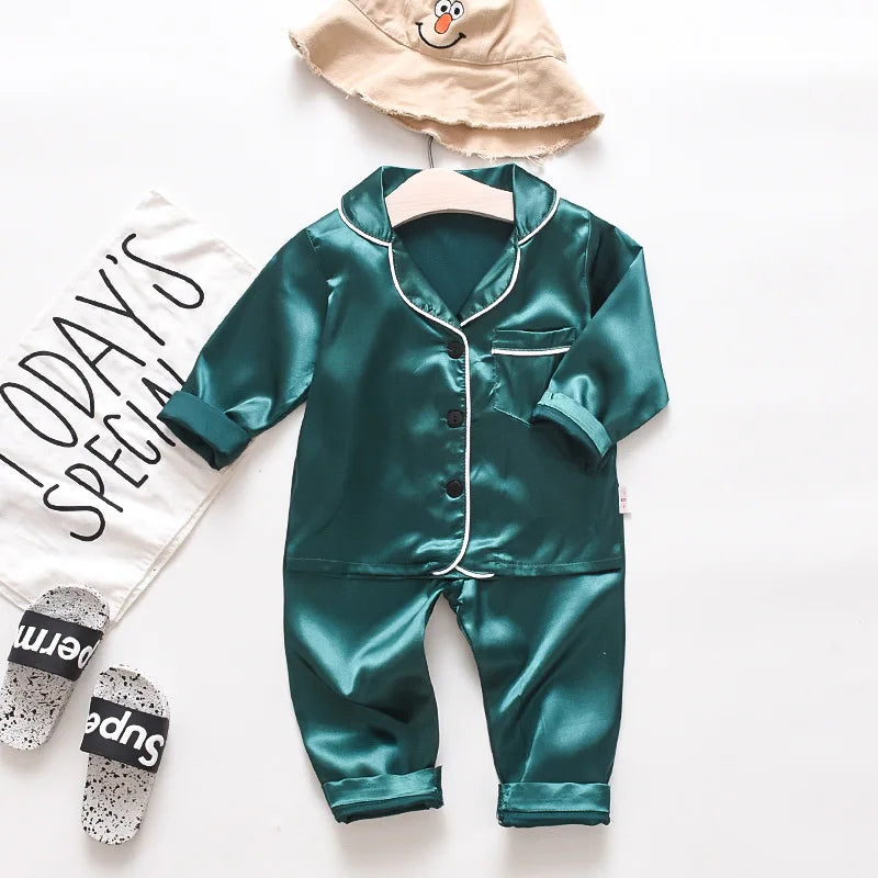 Children Pajamas Set Baby Suit Kids Clothes Toddler Boys Girls Clothing Ice Silk Satin Tops  Shirts Pants  Home Kids PAJAMA