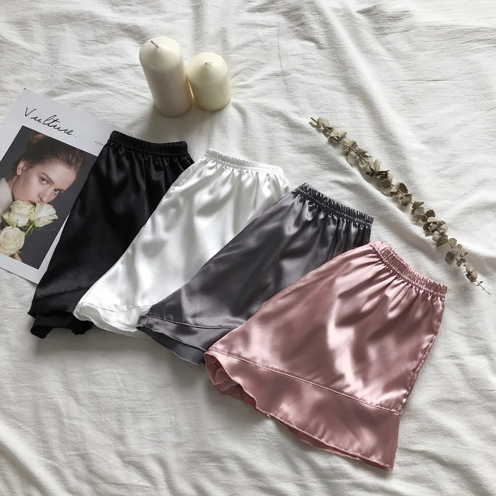 Women Summer Safety Short Pants Anti Emptied Out Wear Matte Silk Ruffle Loose-Fit Shorts Summer Soft Comfortable Sleep Bottoms