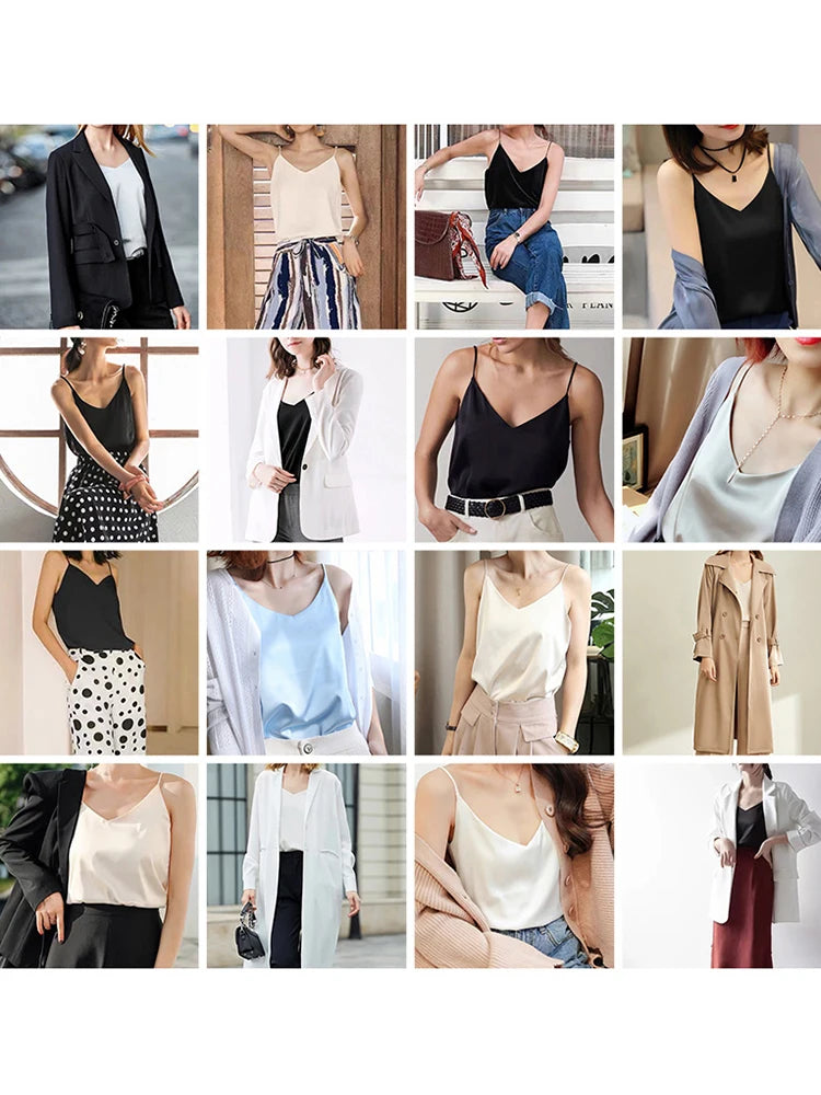 Strap Top Women Halter V Neck Basic White Cami Sleeveless Satin Silk Tank Tops Women'S Summer Camisole