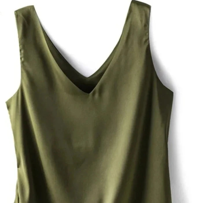 Woman T-shirts Elegant SILK Satin Blouse Sleeveless Female Summer 2024 Casual Loose Tanks and Camis Solid Green Tops for Women