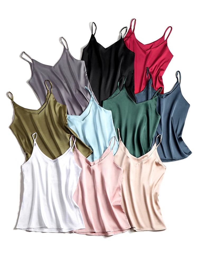 Strap Top Women Halter V Neck Basic White Cami Sleeveless Satin Silk Tank Tops Women'S Summer Camisole