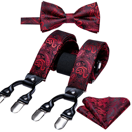Suspender for Men Solid Red Silk Bowtie Set Cufflinks Elastic Wedding Suspender 6 Clips Bow Tie for Christmas Party Barry.Wang