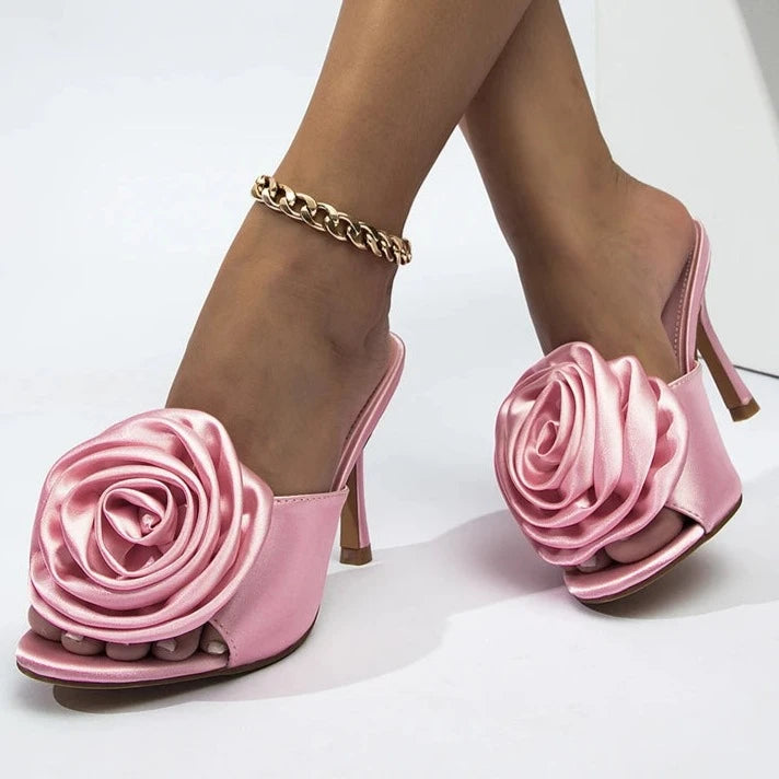 Eilyken Summer Fashion Silk Flower Peep Toe High Heels Slipper Stripper Slip On Mule Slides Women Party Sexy Sandal Shoes