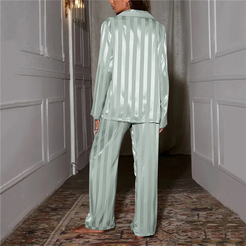 Women's striped pajama set, solid French silk satin pajamas, two piece set, comfortable home pajamas