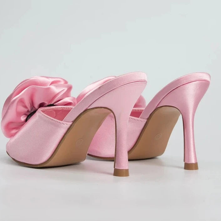 Eilyken Summer Fashion Silk Flower Peep Toe High Heels Slipper Stripper Slip On Mule Slides Women Party Sexy Sandal Shoes