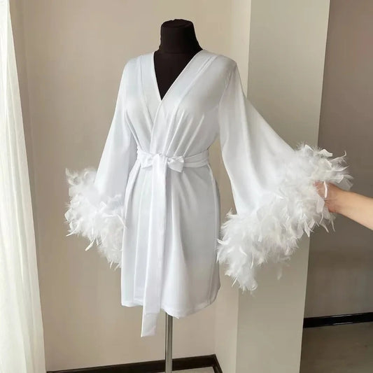 White Boudoir Wedding Short Length Stain Silk Lingerie Bride to Be Hen Party Dress Maxi Dressing Gown Robes Feather Robe