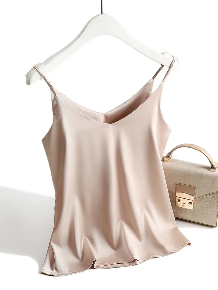 Strap Top Women Halter V Neck Basic White Cami Sleeveless Satin Silk Tank Tops Women'S Summer Camisole