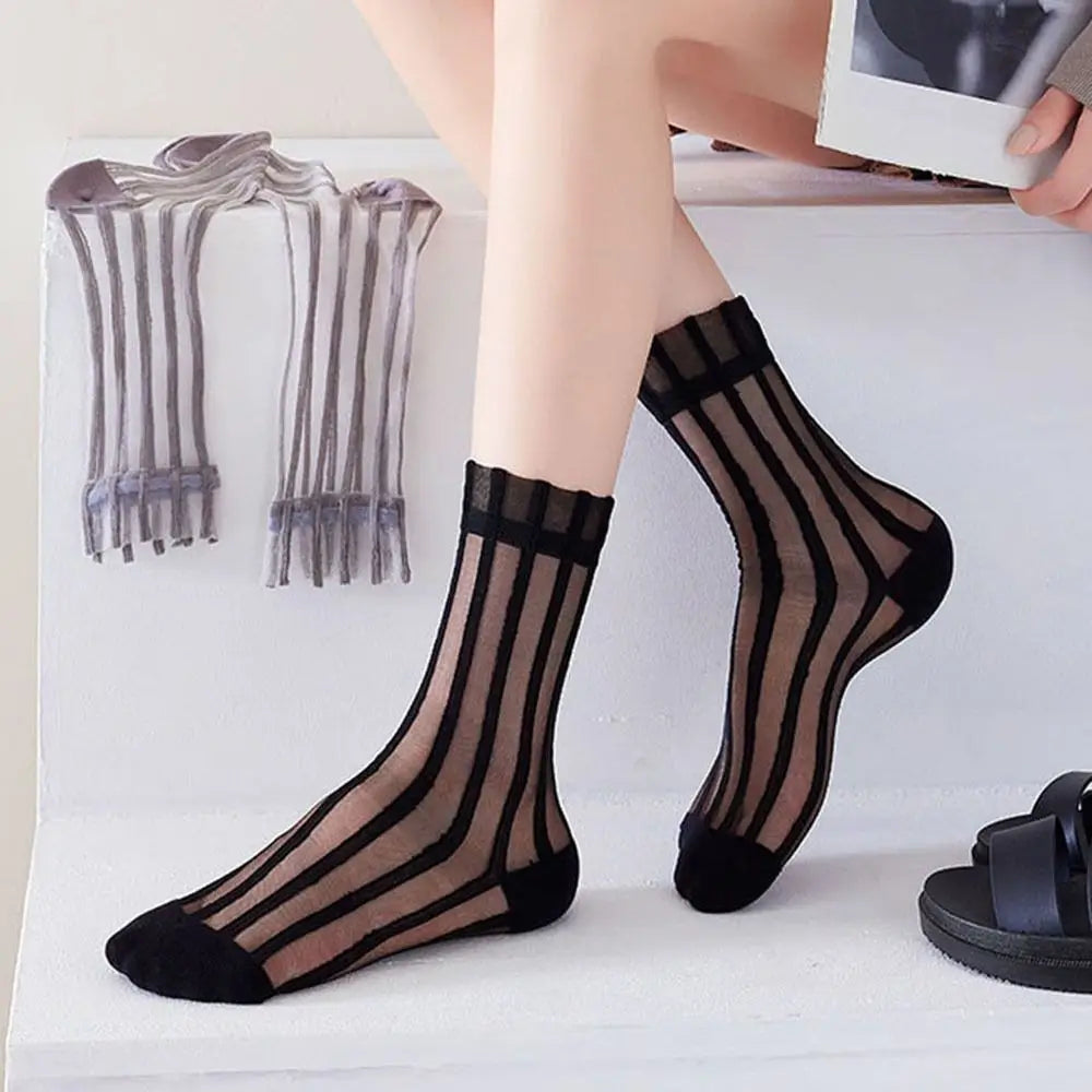 1Pair Elastic Socks Crystal Glass Silk Ultrathin Lace Literary Sale 1 Pair Summer Transparent Jacquard Short Socks