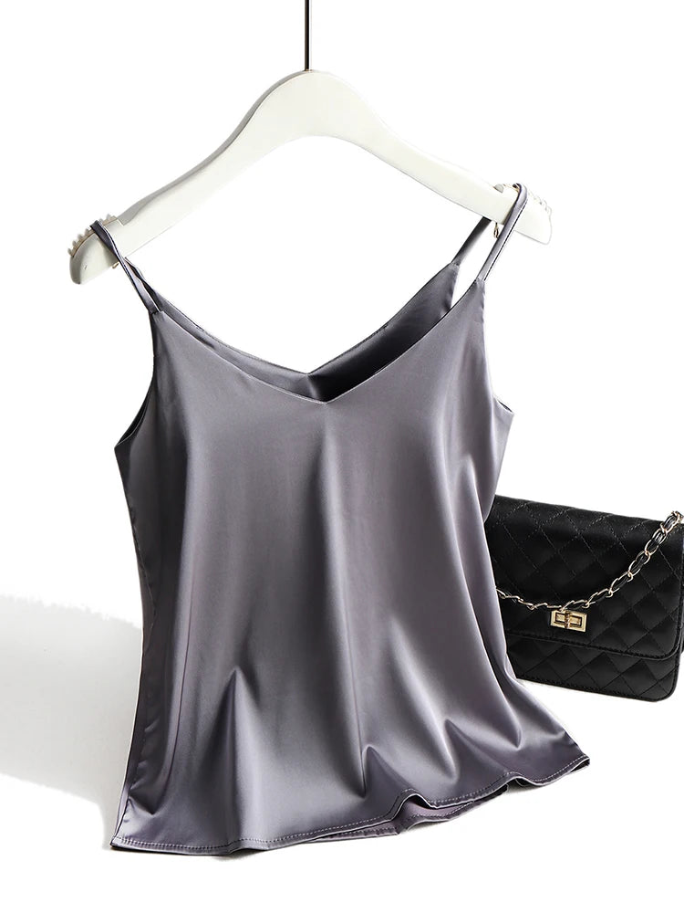 Strap Top Women Halter V Neck Basic White Cami Sleeveless Satin Silk Tank Tops Women'S Summer Camisole