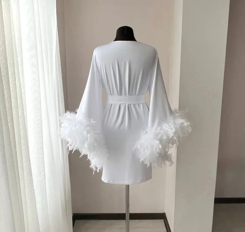 White Boudoir Wedding Short Length Stain Silk Lingerie Bride to Be Hen Party Dress Maxi Dressing Gown Robes Feather Robe
