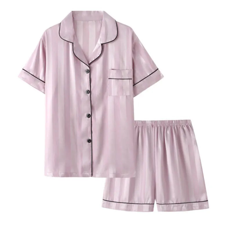 Womens Silk Satin Pajamas Set 2022 Short Sleeve Two-piece Pajama Sets Striped Sleepwear Female Loungewear Button-Down pyjama