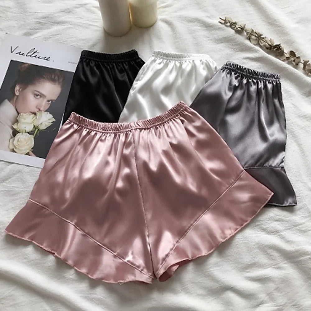 Women Summer Safety Short Pants Anti Emptied Out Wear Matte Silk Ruffle Loose-Fit Shorts Summer Soft Comfortable Sleep Bottoms