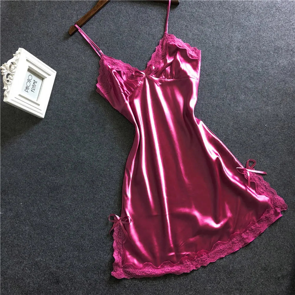 Nightgown Women Gown Sleepdress Sexy Lace Nighty Robe Spaghetti Strap Sleepwear Summer Silk Satin Nightdress Loungewear Side Bow