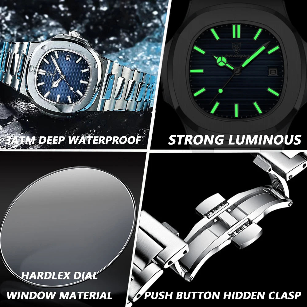 New POEDAGAR Luxury Watch Business Waterproof Male Clock Luminous Date Stainless Steel Square Quartz Men Watch reloj hombre