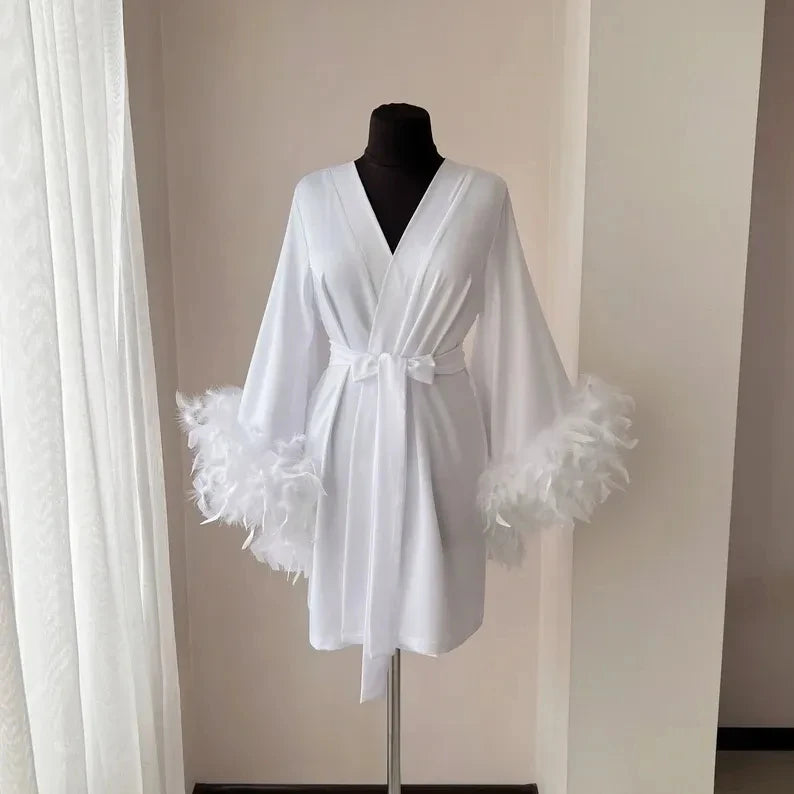 White Boudoir Wedding Short Length Stain Silk Lingerie Bride to Be Hen Party Dress Maxi Dressing Gown Robes Feather Robe