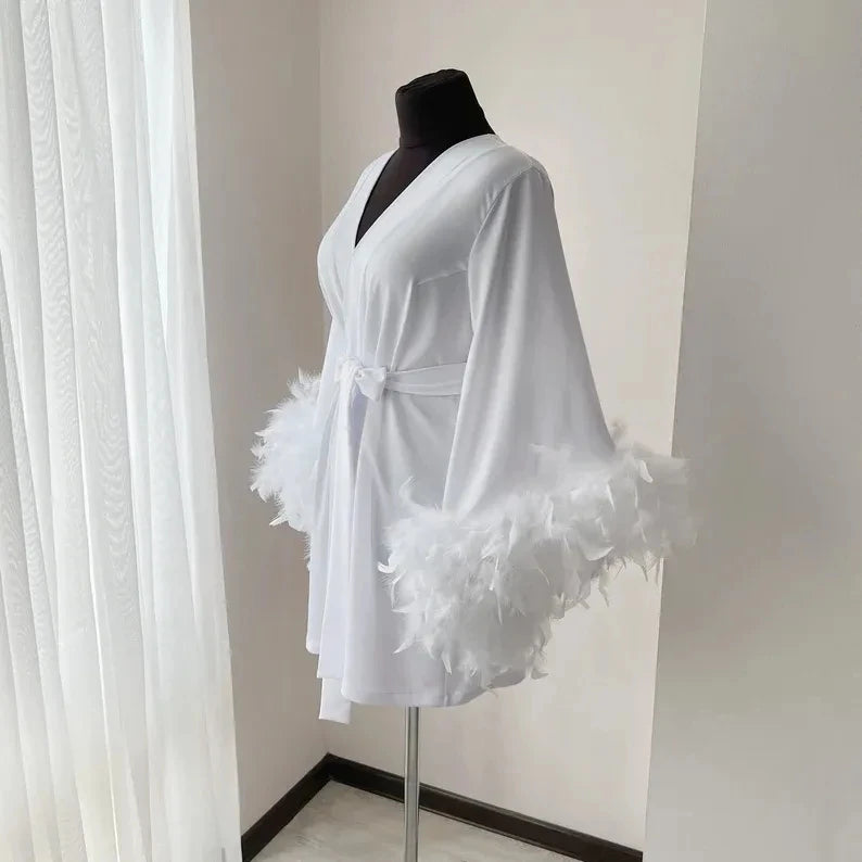 White Boudoir Wedding Short Length Stain Silk Lingerie Bride to Be Hen Party Dress Maxi Dressing Gown Robes Feather Robe