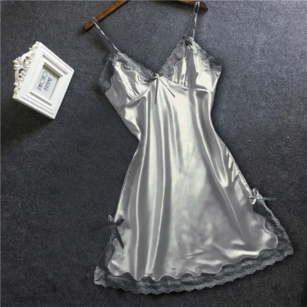 Nightgown Women Gown Sleepdress Sexy Lace Nighty Robe Spaghetti Strap Sleepwear Summer Silk Satin Nightdress Loungewear Side Bow